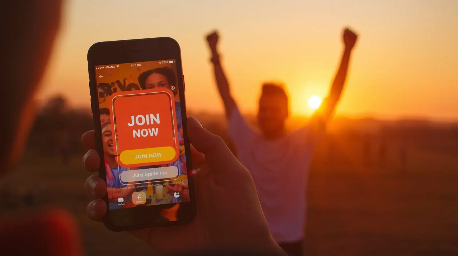 OKPlay join now button on smartphone with excited player celebrating, encouraging new members to start gaming journey