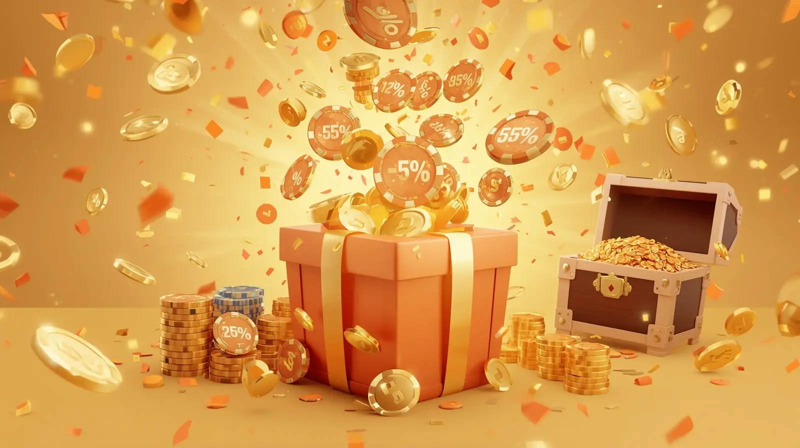 OKPlay bonus promotions illustrated with exploding gift box containing golden coins, casino chips and orange confetti