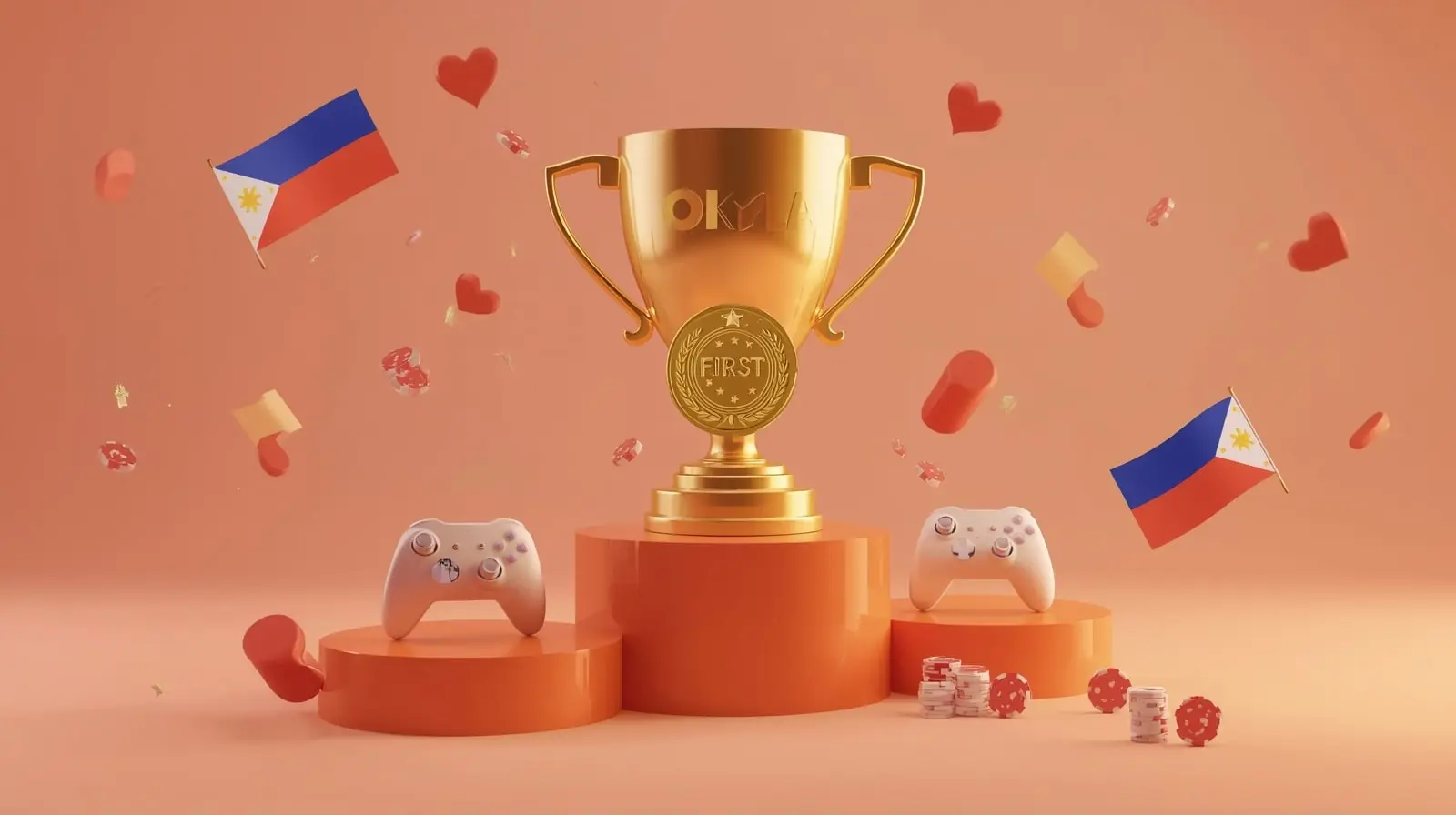 Gold trophy engraved with OKPlay logo representing best online casino in Philippines with gaming controller and chips