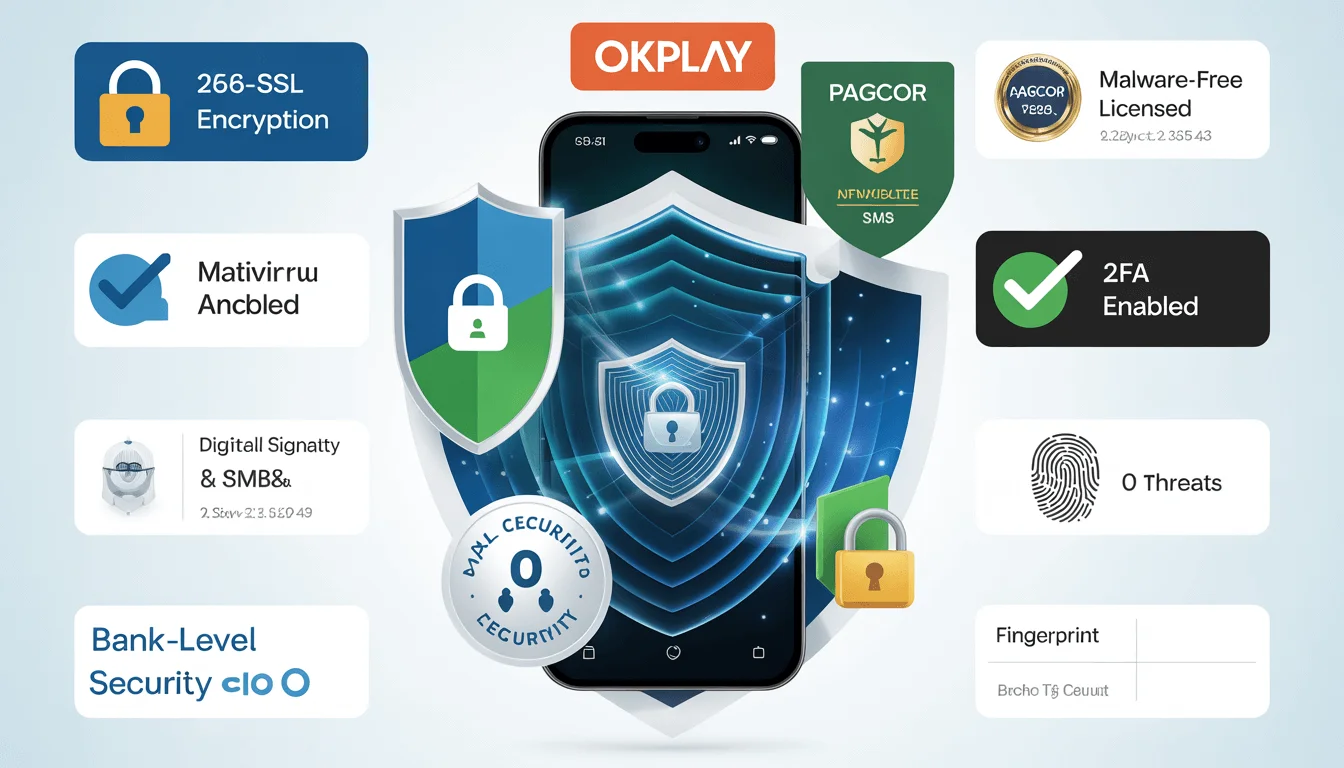 OKPlay APK security features: 256-bit SSL encryption, PAGCOR license, and biometric authentication for Philippines players