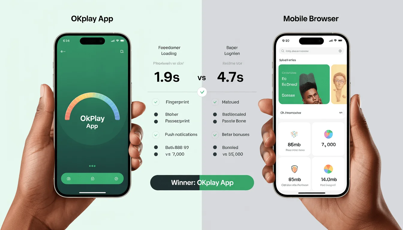 OKPlay APK app vs mobile browser comparison showing faster loading, exclusive bonuses, and superior GCash integration